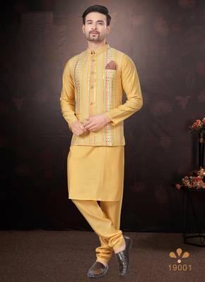 Men's semi silk blend straight yellow kurta set 3
