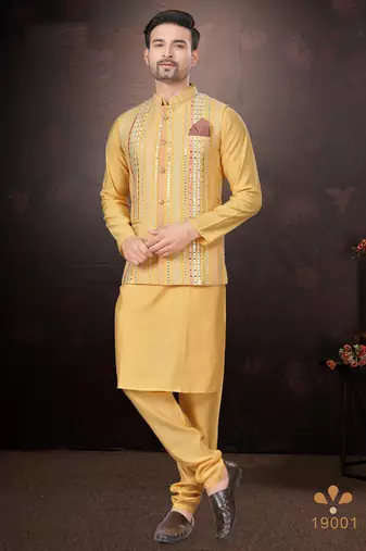 Men's semi silk straight yellow kurta set