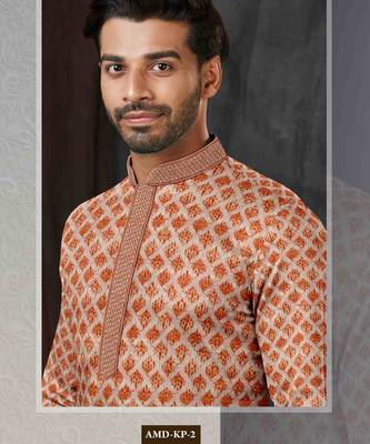 Men's chikankari with digital print straight brown kurta set 1