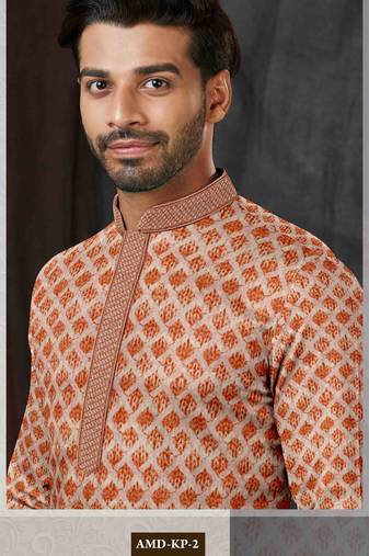 Men's chikankari with digital print straight brown kurta set