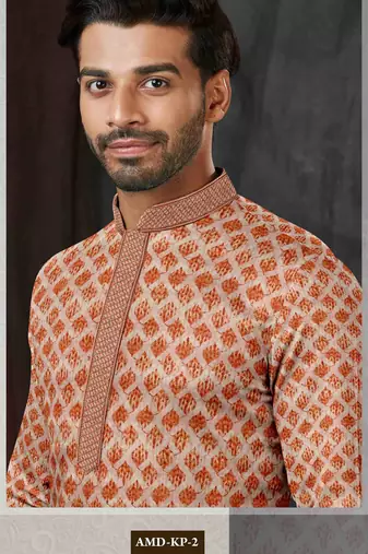 Men's chikankari with digital print straight brown kurta set
