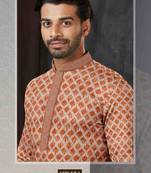 Men's chikankari with digital print straight brown kurta set