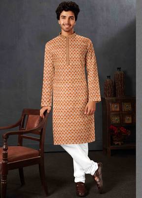 Men's chikankari with digital print straight brown kurta set 2
