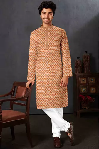 Men's chikankari with digital print straight brown kurta set