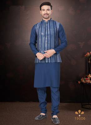 Men's semi silk blend straight navy blue kurta set 1