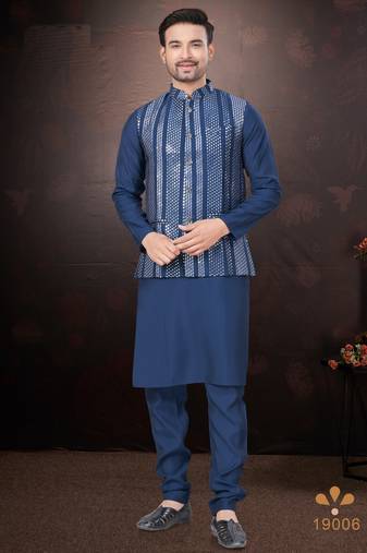 Men's semi silk straight navy blue kurta set