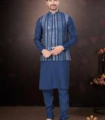 Men's semi silk straight navy blue kurta set