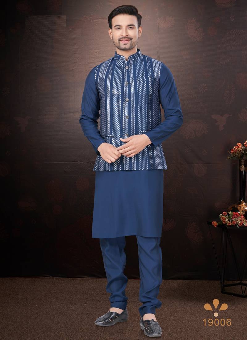 Men's semi silk straight navy blue kurta set