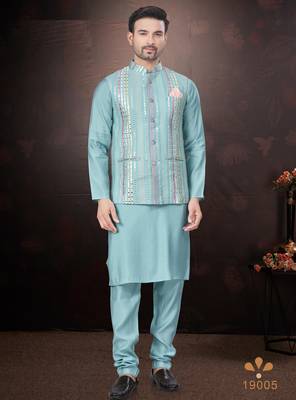 Men's semi silk blend straight sky blue kurta set 1