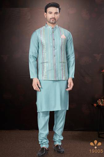 Men's semi silk straight sky blue kurta set