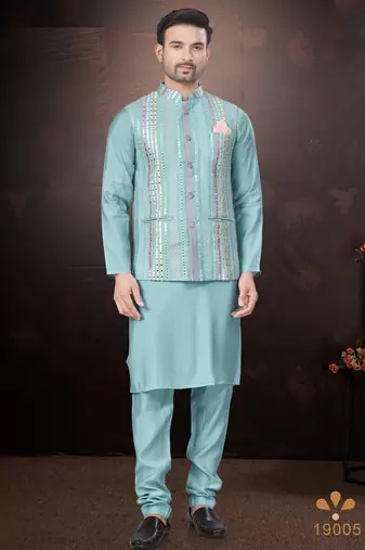 Men's semi silk straight sky blue kurta set