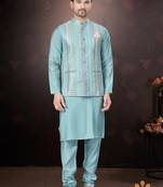 Men's semi silk straight sky blue kurta set