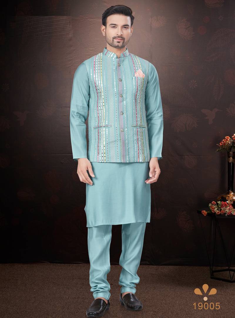 Men's semi silk straight sky blue kurta set