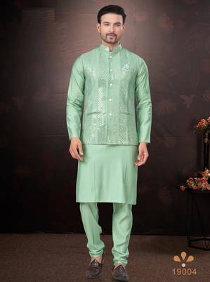 Men's semi silk straight teal green kurta set 1