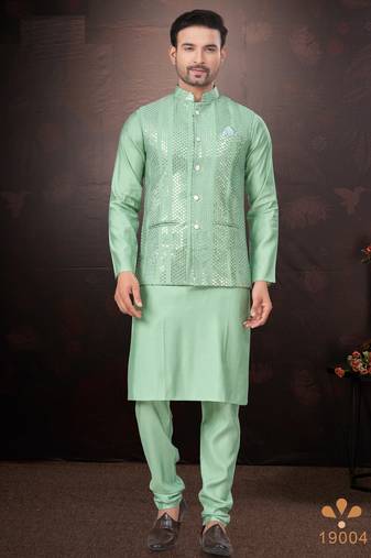 Men's semi silk straight teal green kurta set
