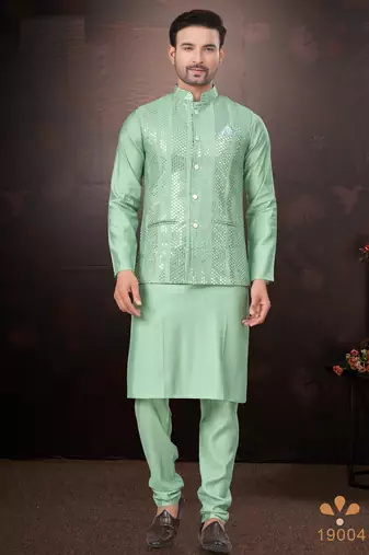 Men's semi silk straight teal green kurta set
