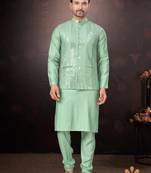 Men's semi silk straight teal green kurta set
