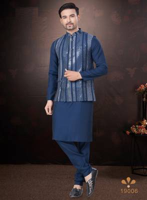 Men's semi silk blend straight navy blue kurta set 2
