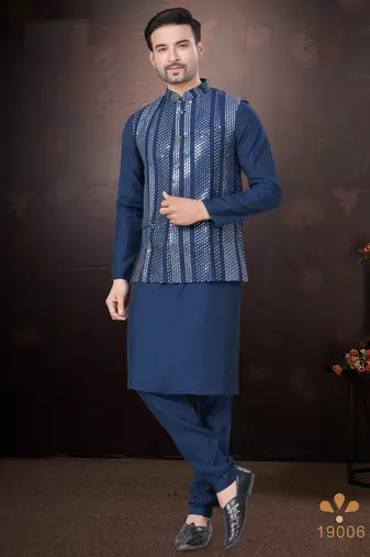 Men's semi silk straight navy blue kurta set
