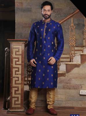 Men's slub silk blend straight bright blue kurta set 1