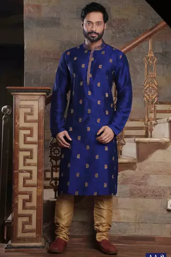 Men's slub silk straight bright blue kurta set
