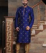 Men's slub silk straight bright blue kurta set
