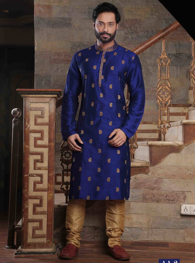 Men's slub silk straight bright blue kurta set