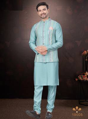 Men's semi silk blend straight sky blue kurta set 2