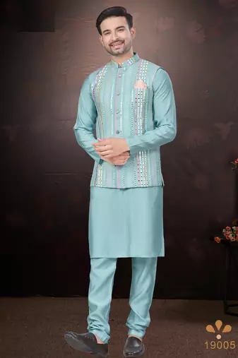 Men's semi silk straight sky blue kurta set