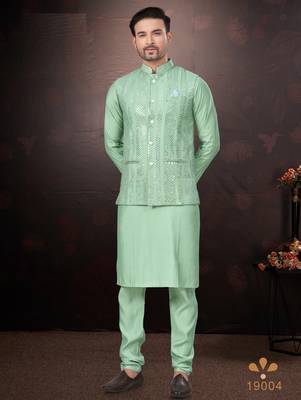 Men's semi silk straight teal green kurta set 2