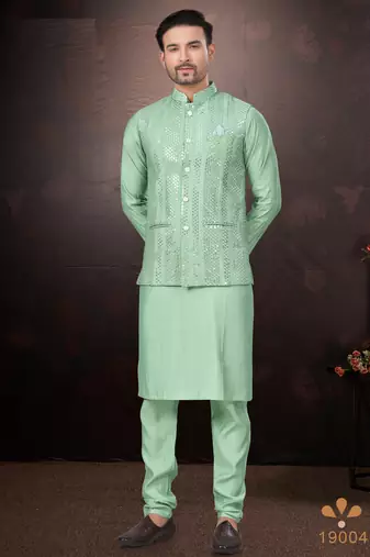 Men's semi silk straight teal green kurta set