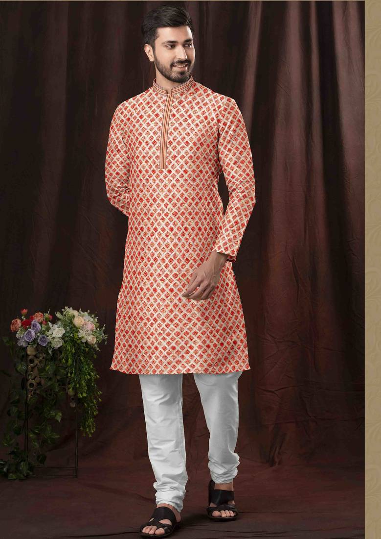 Men's chikankari with digital print straight multi kurta set