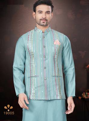 Men's semi silk blend straight sky blue kurta set 3