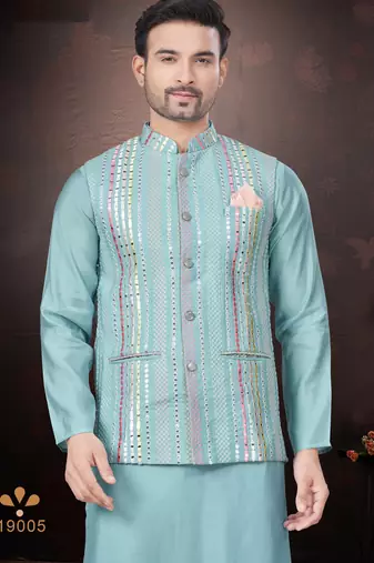Men's semi silk straight sky blue kurta set