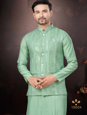 Men's semi silk straight teal green kurta set 3