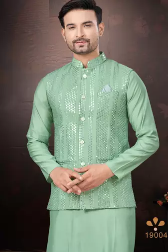Men's semi silk straight teal green kurta set