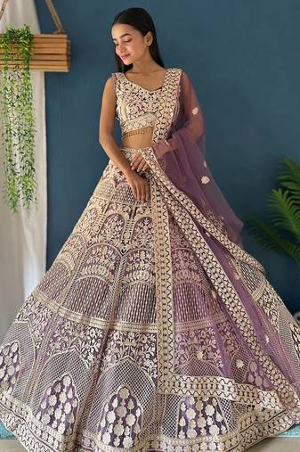 Lavender Color Sequins and Zaroi Embroidery Work Net LAhenga Choli Set