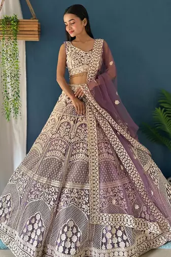 Lavender Color Sequins and Zaroi Embroidery Work Net LAhenga Choli Set