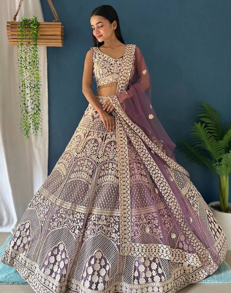 Lavender Color Sequins and Zaroi Embroidery Work Net LAhenga Choli Set