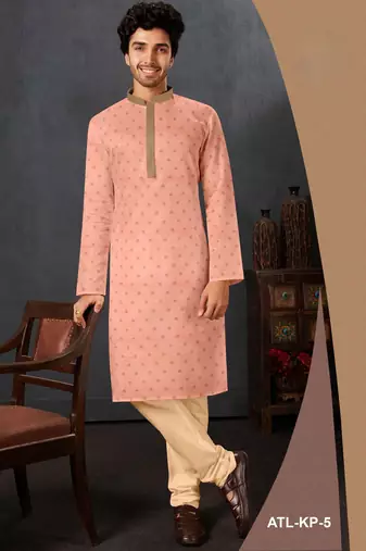 Men's poly jaquard straight peach kurta set