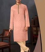 Men's poly jaquard straight peach kurta set