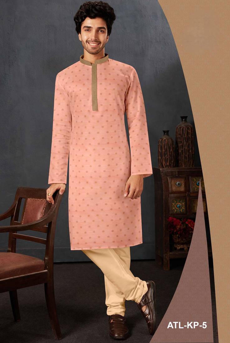 Men's poly jaquard straight peach kurta set
