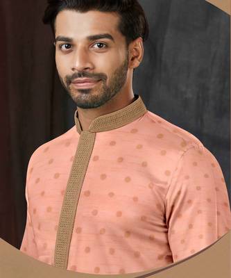 Men's poly jaquard straight peach kurta set 2