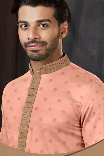 Men's poly jaquard straight peach kurta set