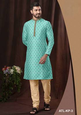 Men's poly jaquard straight sea green kurta set 1