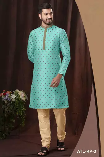 Men's poly jaquard straight sea green kurta set