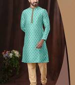 Men's poly jaquard straight sea green kurta set