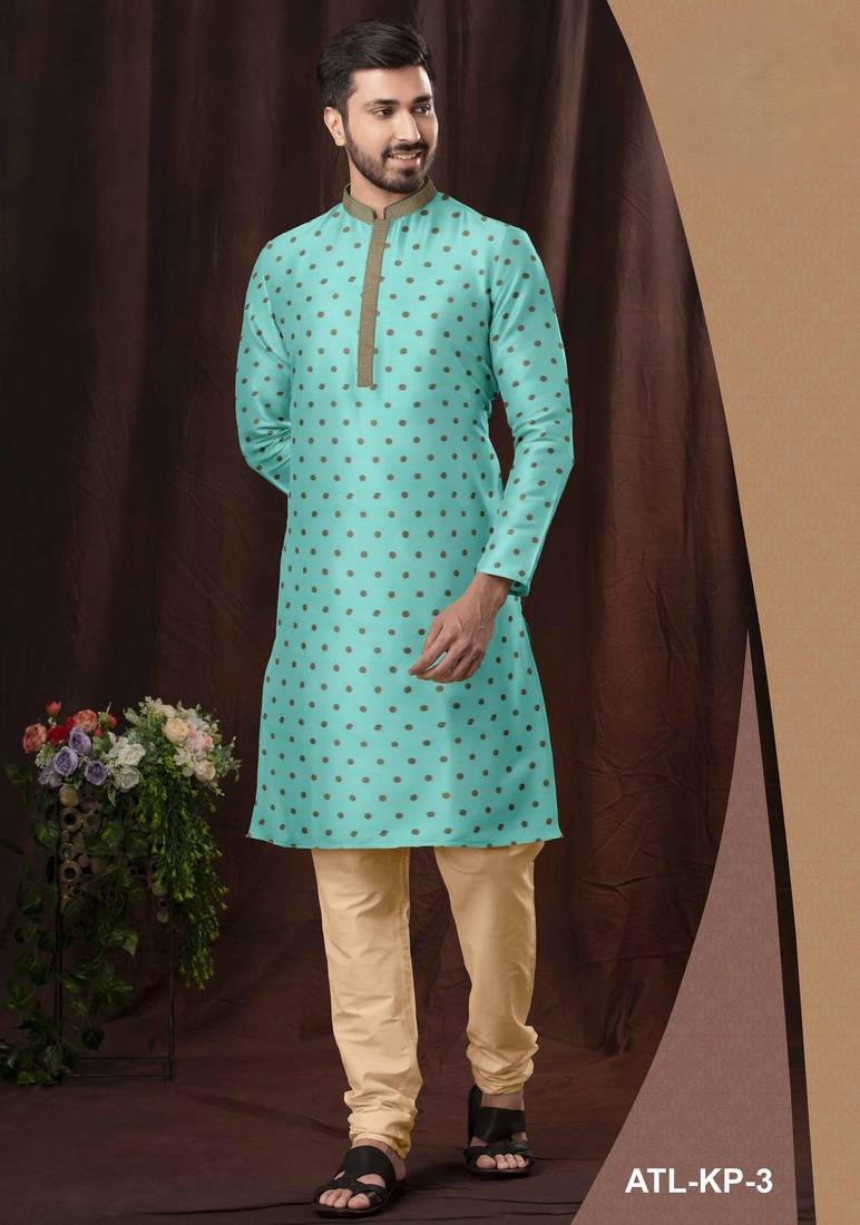 Men's poly jaquard straight sea green kurta set