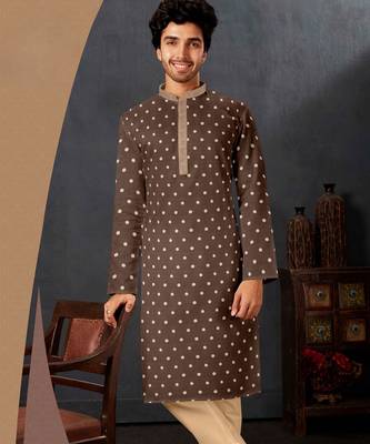 Men's poly jaquard straight brown kurta set 1