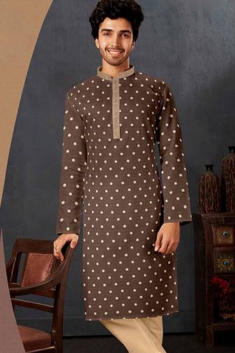 Men's poly jaquard straight brown kurta set